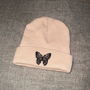 Beige Beanie with Butterfly Embroidery